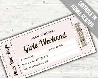 Girls Weekend Away Ticket Template (PINK). Girls Weekend Invite. Girls Trip Ticket. Surprise Trip Reveal Voucher. Editable. Printable.