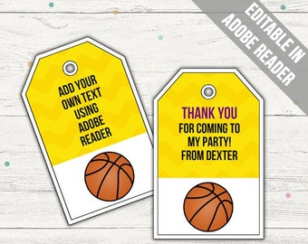 Basketball Favor Tags (Basketball Thank You Tags). YELLOW. Printable PDF (EDITABLE). Instant Download.