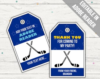 Hockey Favor Tags (Hockey Thank You Tags). BLUE. Printable PDF (EDITABLE). Instant Download.