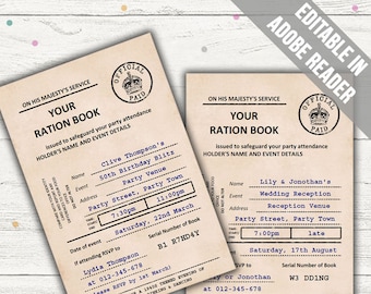 1940s Ration Book Invitation (British). Editable PDF. Printable. Instant Download.