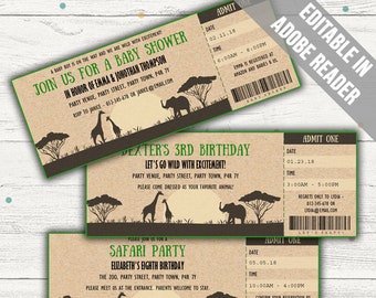 Safari Ticket Invitation (Safari Birthday Party or Safari Baby Shower). Editable PDF. Printable. Instant Download.