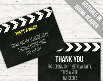 Movie Thank You Notes (Movie Party Thank You Card). Editable PDF. Printable. Instant Download.