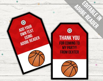 Basketball Favor Tags (Basketball Thank You Tags). RED. Printable PDF (EDITABLE). Instant Download.
