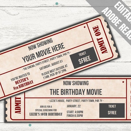 movie ticket template movie invitation event ticket etsy