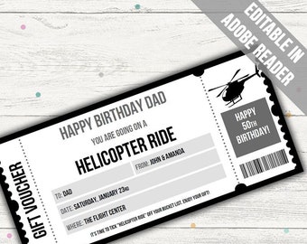 Hubschrauber Flugticket Vorlage. Hubschrauber Flug Geschenkgutschein. Hubschrauber Rundflug. Bearbeitbar für jeden Anlass.