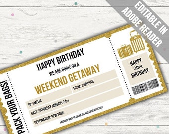 Modèle de billet pour un week-end surprise (or). Chèque-cadeau imprimable (PDF modifiable)