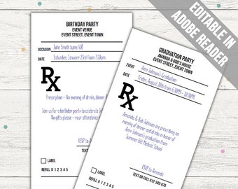 Prescription Invitation Template (Graduation, Birthday, Baby Shower,  Retirement). Editable PDF. Printable. Instant Download.