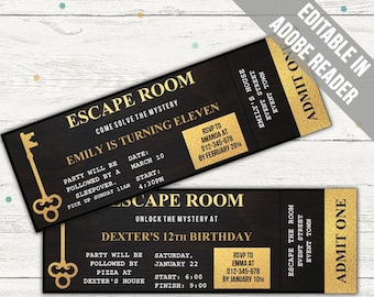 Téléchargement d'invitations pour escape game. Faire-part d'anniversaire Escape Game pour filles ou garçons. Fête d'anniversaire de la salle d'évasion. Invitation à une fête mystère.