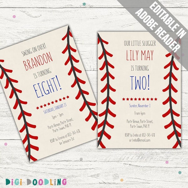 Baseball Birthday Party Invitation (5" by 7"). Baseball Invite. Baseball Party Invitation Download. Editable. Printable.