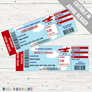 Plane Ticket Invitation Template (Birthday Party/ Baby ShowerInvitation).Blue and Red. Editable PDF. Instant Download.
