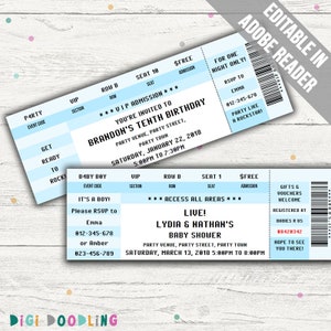 Ticket Einladungsvorlage (Geburtstagsparty / Baby Shower / Hochzeit / Konzerteinladung). BLAU. Bearbeitbares PDF. Sofort Download.