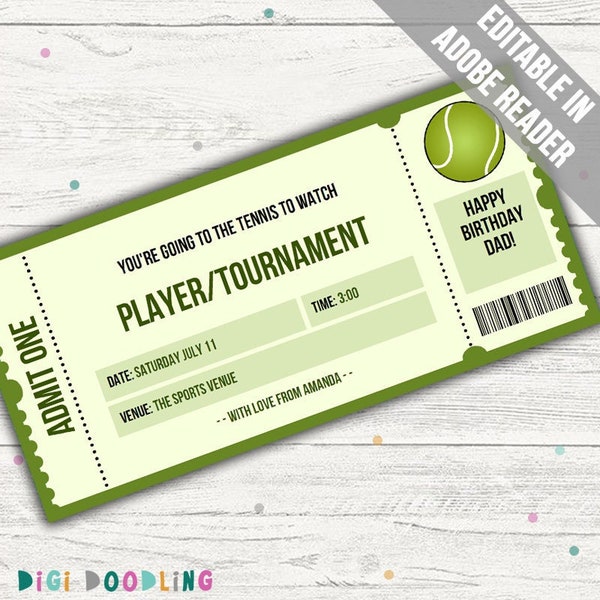 Surprise Tennis Ticket Template. Tennis Game Ticket. Tennis Tournament Gift Ticket. Tennis Gift Voucher. Editable. Printable.