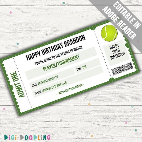 Surprise Tennis Ticket Template. Tennis Game Ticket. Tennis Tournament Gift Ticket. Tennis Gift Voucher. Editable. Printable.