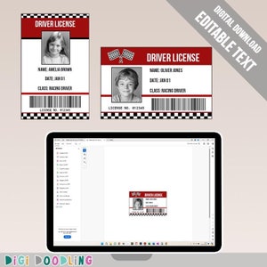 Afdrukbare sjabloon rijbewijs raceauto. Racecoureur-kostuum. Feestbedankje racewagen. Kostuum voor coureur. Bewerken in Adobe Reader.