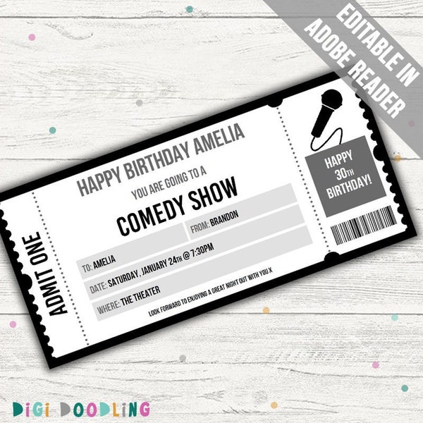 Comedy Show Tickets Vorlage. Comedy Show Überraschungs-Eintrittskarte. Stand Up Comedy Karte. Bearbeitbar für jeden Anlass.