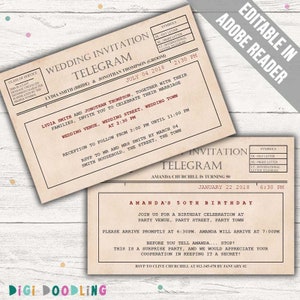 Telegram Vorlage für Einladungen (Baby Shower, Hochzeit, Geburtstag, Ruhestand). Bearbeitbares PDF. Druckbar. Sofortdownload.