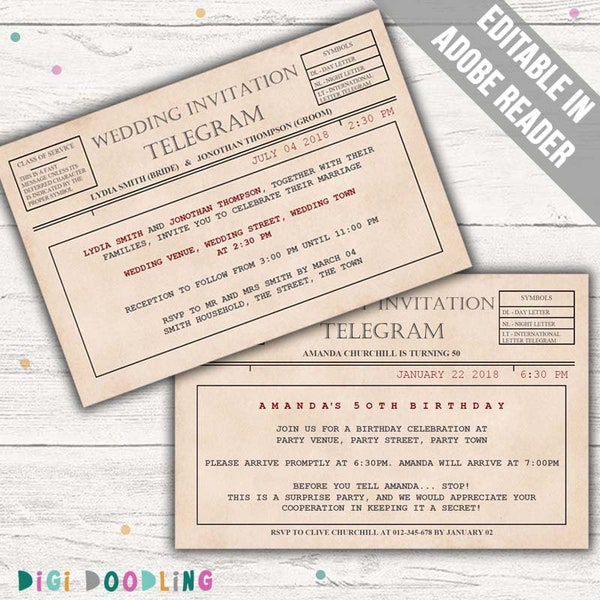 Telegram Invitation Template (Baby Shower, Wedding, Birthday, Retirement). Editable PDF. Printable. Instant Download.