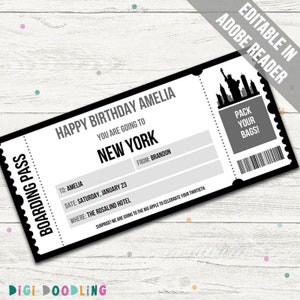 Plantilla de boleto sorpresa para Nueva York. Plantilla de tarjeta de embarque para Nueva York imprimible. Boleto para viaje a Nueva York. Vale para viaje a Nueva York. Editable.