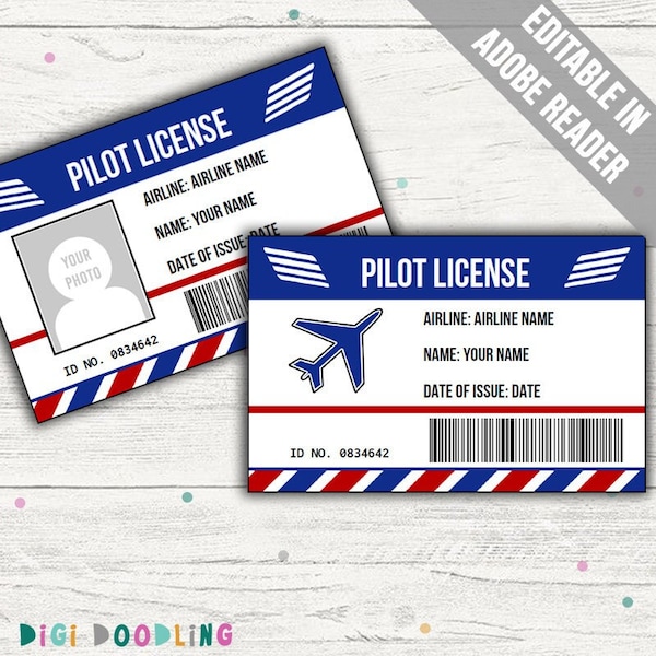 Modèle de badge d'identification de pilote. Modèle de licence de pilote. Jeu de simulation d'un pilote. Déguisement de pilote. Fête d'anniversaire d'avion. Modifiable. Imprimable.