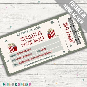 Christmas Movie Night Ticket Template. Christmas Movie Night Invitation. Christmas Movie Invite. Movie Night Christmas Party. Printable.