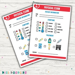 Jeu de simulation de docteur. Formulaire de rapport du patient.  Formulaire d'examen physique. Faites semblant de médecin ou d'infirmière à imprimer. Imprimables pour enfants.