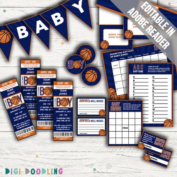 Basketball Baby Shower. Baby Boy. Includes Editable Baby Shower Invitations, Decorations and Games. Editable. Printable.