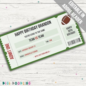 Surprise Football Ticket (American Football). GREEN. Editable Surprise Football Game Ticket. Gift Ticket Template.