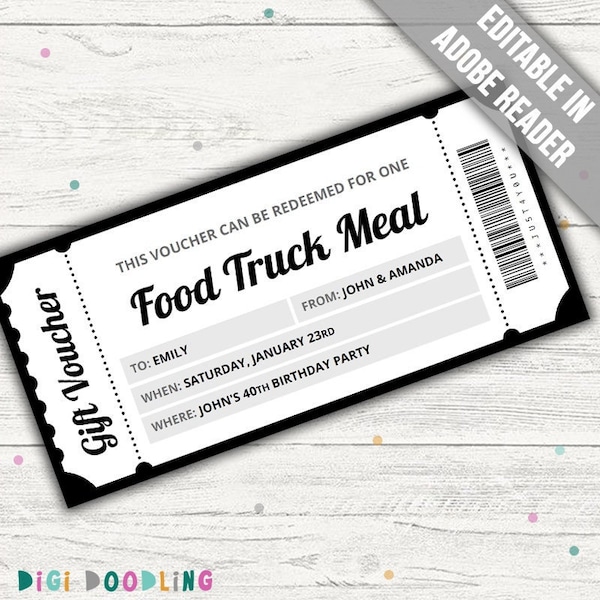 Food Truck Meal Ticket Template. Food Truck Gift Voucher. Food Truck Coupon. Meal Out Voucher. Editable For Any Occasion.