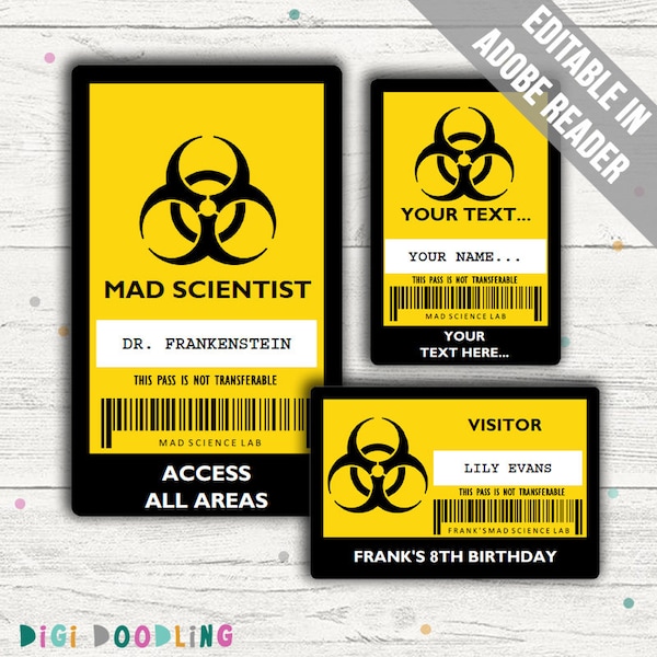 Science Party ID Badge. Mad Scientist ID Badge Template. Editable PDFs. Instant Download.