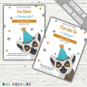 Lemur Birthday Invitation: Safari Zoo Party. Editable PDF