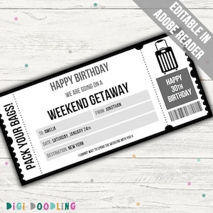Sjabloon weekendje wegkaartje. Verrassingsweekend weg. Voucher voor weekendje weg. Onthulling weekendje weg. Staycation-voucher. Afdrukbaar.