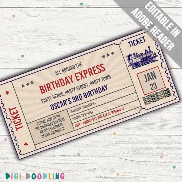 Train Ticket Birthday Invitation Template. Train Party Invitation. Train Birthday Invitation. Train Birthday Party. Editable. Printable.