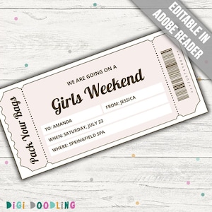 Modèle de billet pour le week-end entre filles (ROSE). Invitation week-end entre filles. Billet de voyage entre filles. Bon cadeau voyage surprise. Modifiable. Imprimable.