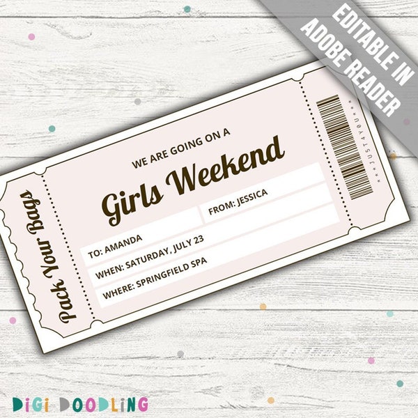 Girls Weekend Away Ticket Template (PINK). Girls Weekend Invite. Girls Trip Ticket. Surprise Trip Reveal Voucher. Editable. Printable.