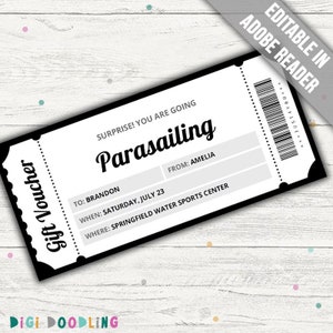 Parasailing Gift Voucher Template. Surprise Parasailing Gift Reveal. Parasailing Experience Gift Certificate. Editable. Printable.