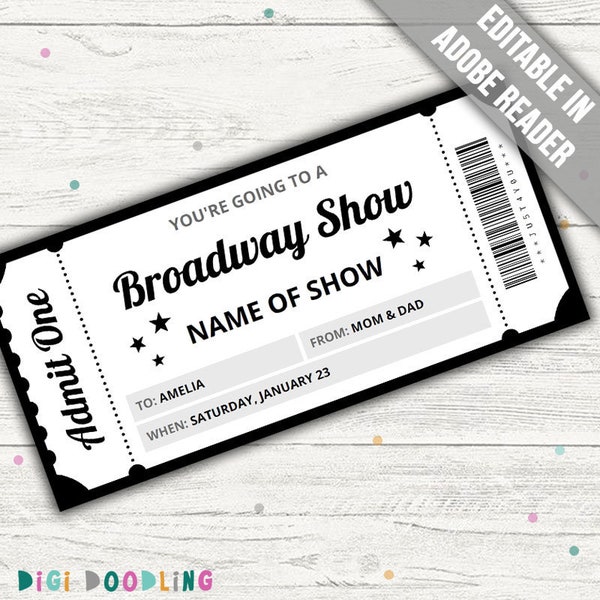 Broadway Show Ticket Template. Printable Broadway Ticket. Broadway Show Surprise Gift Reveal Ticket. Editable For Any Occasion.