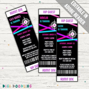 Laser Tag Birthday Invitation Ticket (Girl): Editable PDF
