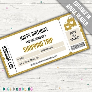 Modèle de bon pour un voyage de shopping (OR). Coupon pour une virée shopping. Chèque-cadeau pour une virée shopping. Certificat de virée shopping. Toute occasion.