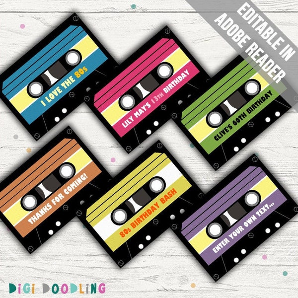 Printable Cassette Tape Bag Topper Template. Cassette Tape Party Favors. Cassette Tape Favor Bag Topper. Editable.