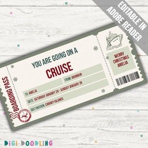Weihnachts-Kreuzfahrt Bordkarte Vorlage. Surprise Cruise Ticket Vorlage. Cruise Boarding Ticket. Überraschungsreise offenbaren. Veränderbar. Druckbar.