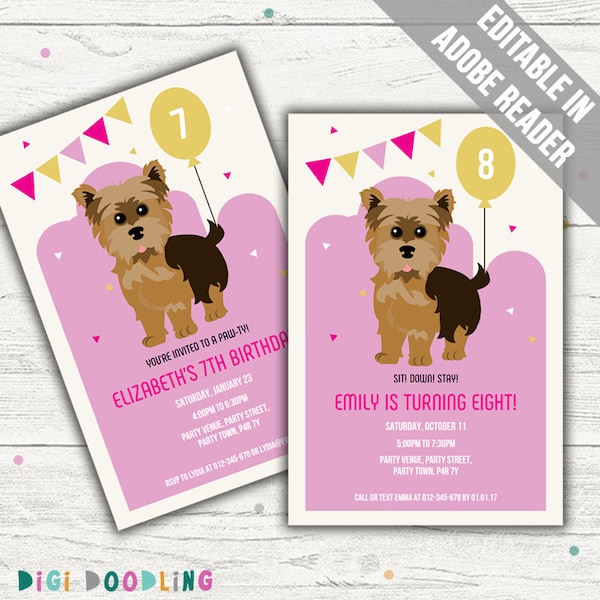 Yorkie Party Invitation (Puppy Party Invitations). Pink. Editable PDF. Printable. Instant Download.