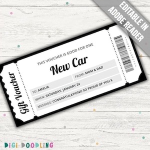 Modello di buono regalo per auto nuova. Certificato regalo per auto nuova. Modello di biglietto per auto nuova. Auto nuova per regalo di compleanno. Modificabile per qualsiasi occasione.