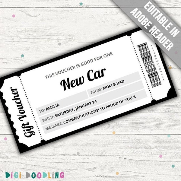 New Car Gift Voucher Template. New Car Gift Certificate. New Car Ticket Template. New Car For Birthday Gift. Editable For Any Occasion.