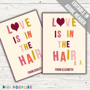 Etiquetas de San Valentín "El Amor Está en el Cabello". Tarjetas imprimibles de San Valentín con lazos para el cabello para compañeros de clase. Etiquetas de San Valentín con lazos para el cabello. Regalo de San Valentín para la clase.