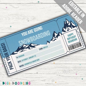 Snowboarding Ticket Template. Surprise Snowboarding Trip Reveal. Snowboarding Trip Gift Voucher. Snowboarding Lesson Gift. Printable.