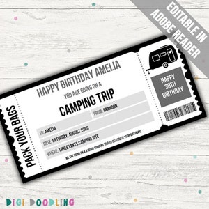 Rivelazione del viaggio in campeggio a sorpresa. Modello voucher viaggio in campeggio. Biglietto per il campeggio. Viaggio in carovana. Rivelazione del viaggio di vacanza. Modificabile in ogni occasione.