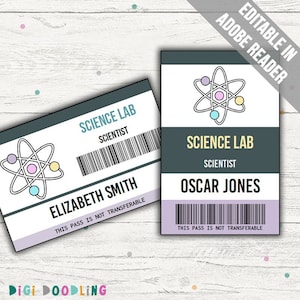 Modèle de badge d'identification scientifique. Cadeaux pour invités scientifiques. Costume de scientifique. Étiquette de scientifique. Pass VIP imprimable Science Party. Jeu de simulation.