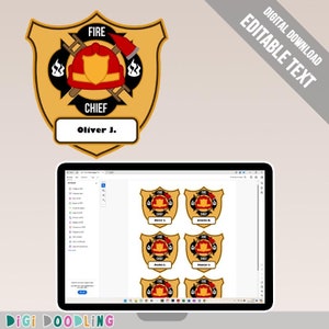Afdrukbare badge brandweercommandant: naamkaartjes brandweermanfeest (bewerkbare pdf)