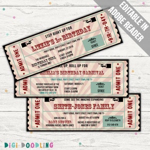Carnival Ticket Invitation (Carnival Birthday/ Carnival Baby Shower). Editable PDF. Printable. Instant Download.