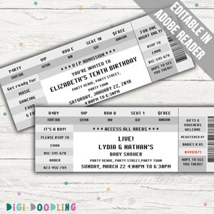 Ticket Einladungsvorlage (Geburtstagsparty / Baby Shower / Hochzeit / Konzerteinladung). GRAU. Bearbeitbares PDF. Sofort Download.